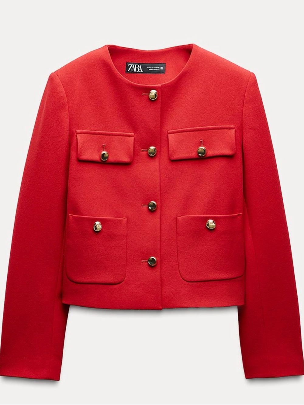 Zara Red Round-Neck Gold Button Pocket Blazer new sz m
